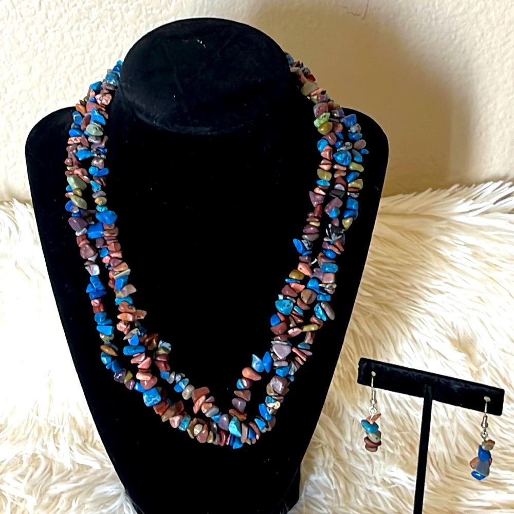 3 Strand Necklace ,Turquoise Lapis, Agate Gold stone,Rhodochrosite with earrings